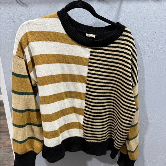 Hem & Thread Sweaters - Hem & Thread Striped Colorblock Crewneck Sweater - Mustard, Black, White
